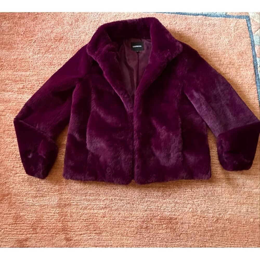 Express Faux Fur Jacket Burgundy Plush Coat Hook Closure Size S